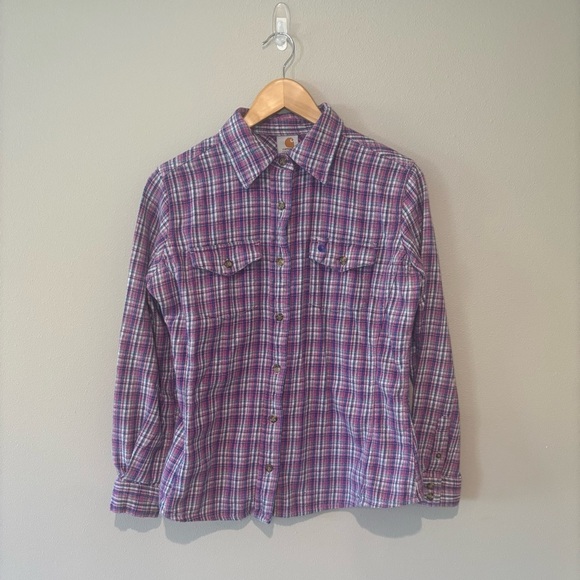 CARHARTT Women’s Flannel Purple and Pink Plaid Button Down Long Sleeve Shirt S - Picture 1 of 10